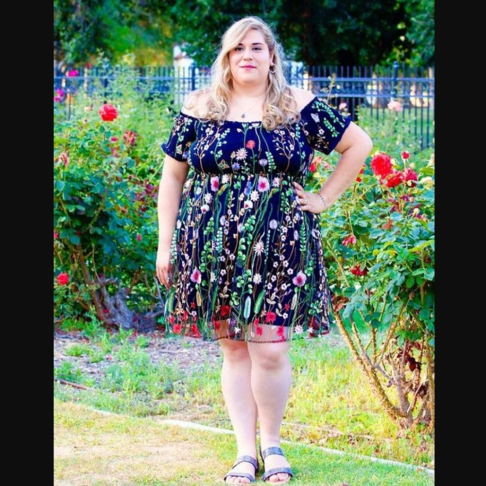 NWT Torrid Sheer Black Lace Smocked Off Shoulder Floral Embroidered Dress, sz 4 - Picture 7 of 12